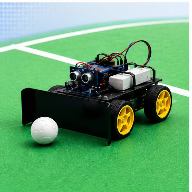 Robo soccer vehicle beside a soccer ball