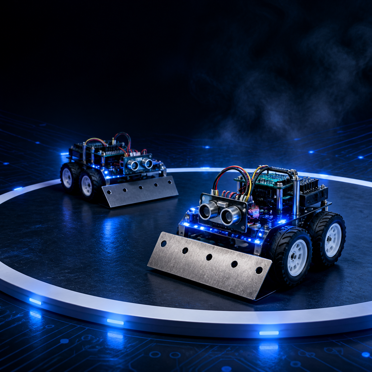 Two student-built wheeled robots facing off in a blue-lit competition arena