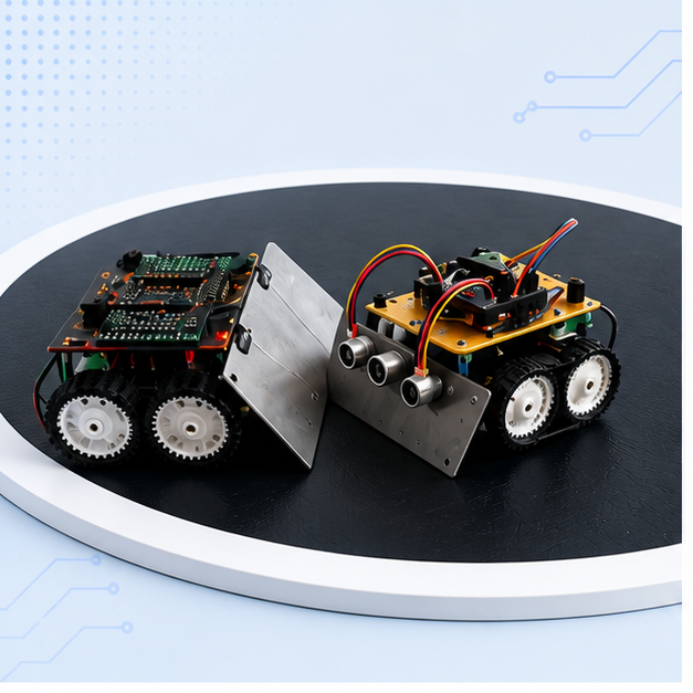 Two small robots competing in a sumo arena