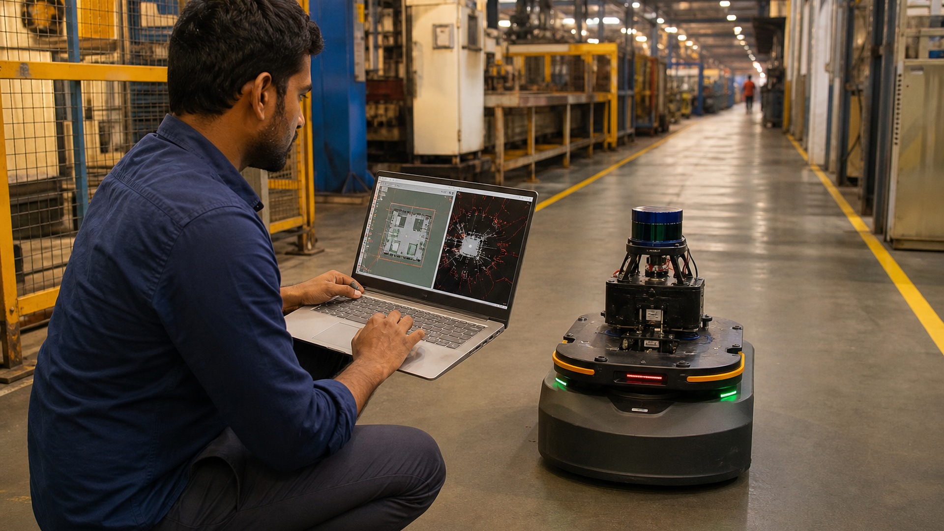 Engineer commissioning mobile robot on factory floor comparing simulation with live sensor data on laptop