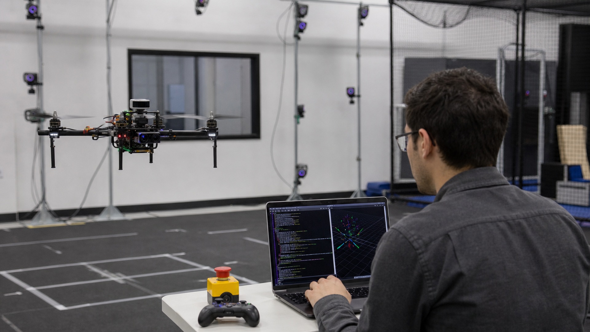 Drone robotics test in lab with ROS2 workflow