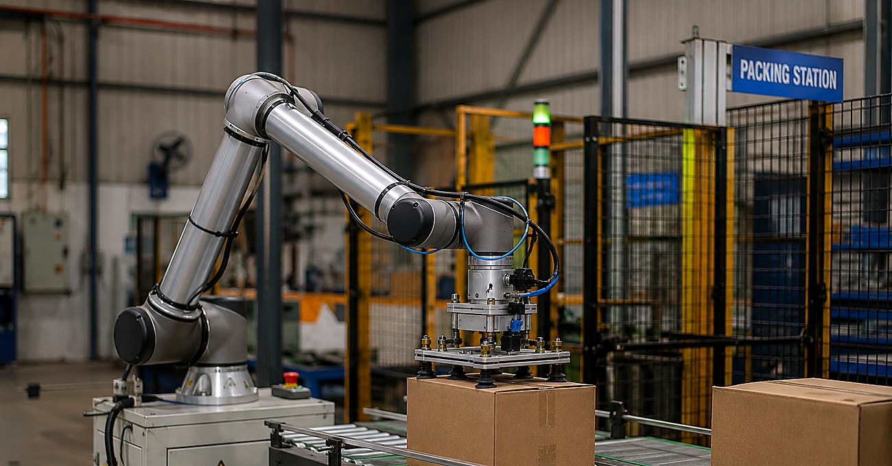 Evolve Robot Lab cobot packing cartons on a roller conveyor