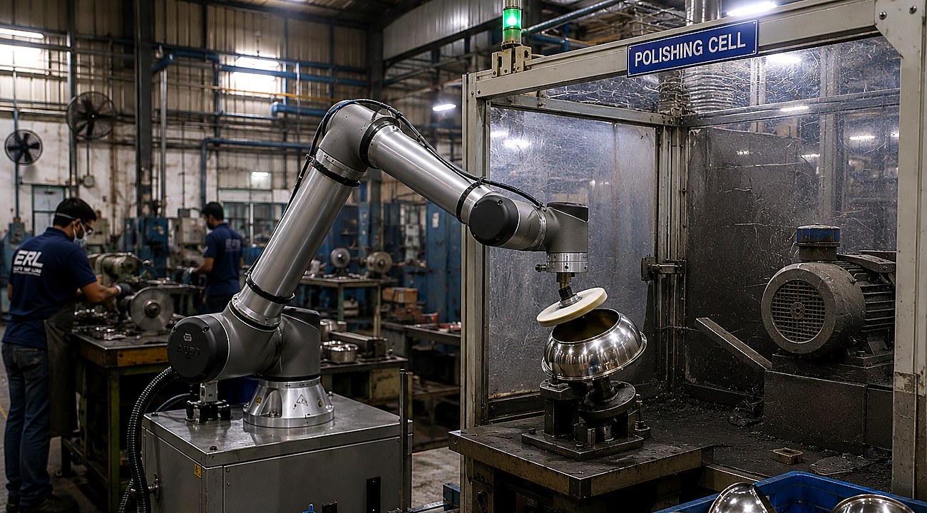 Evolve Robot Lab polishing cell at a Chennai-area kitchenware manufacturer