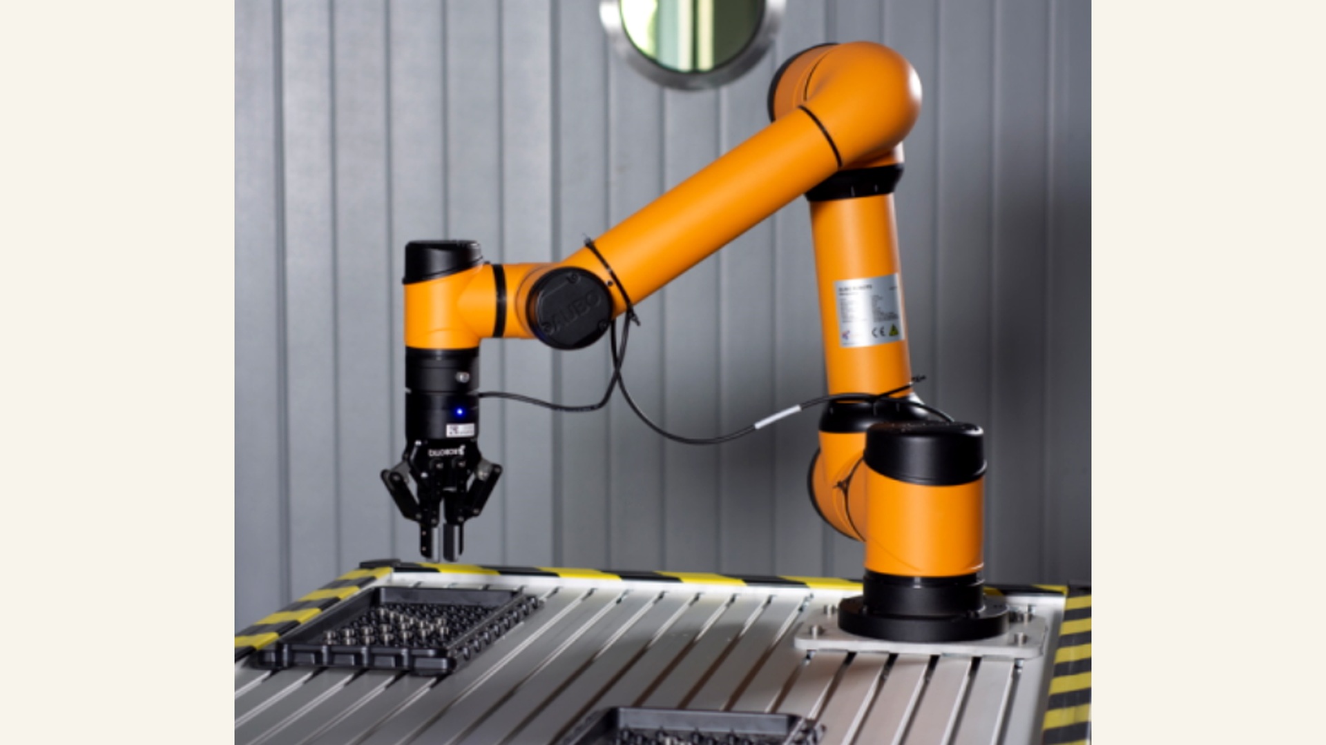 AUBO collaborative robot on an Evolve Robot Lab workbench — the physical automation layer