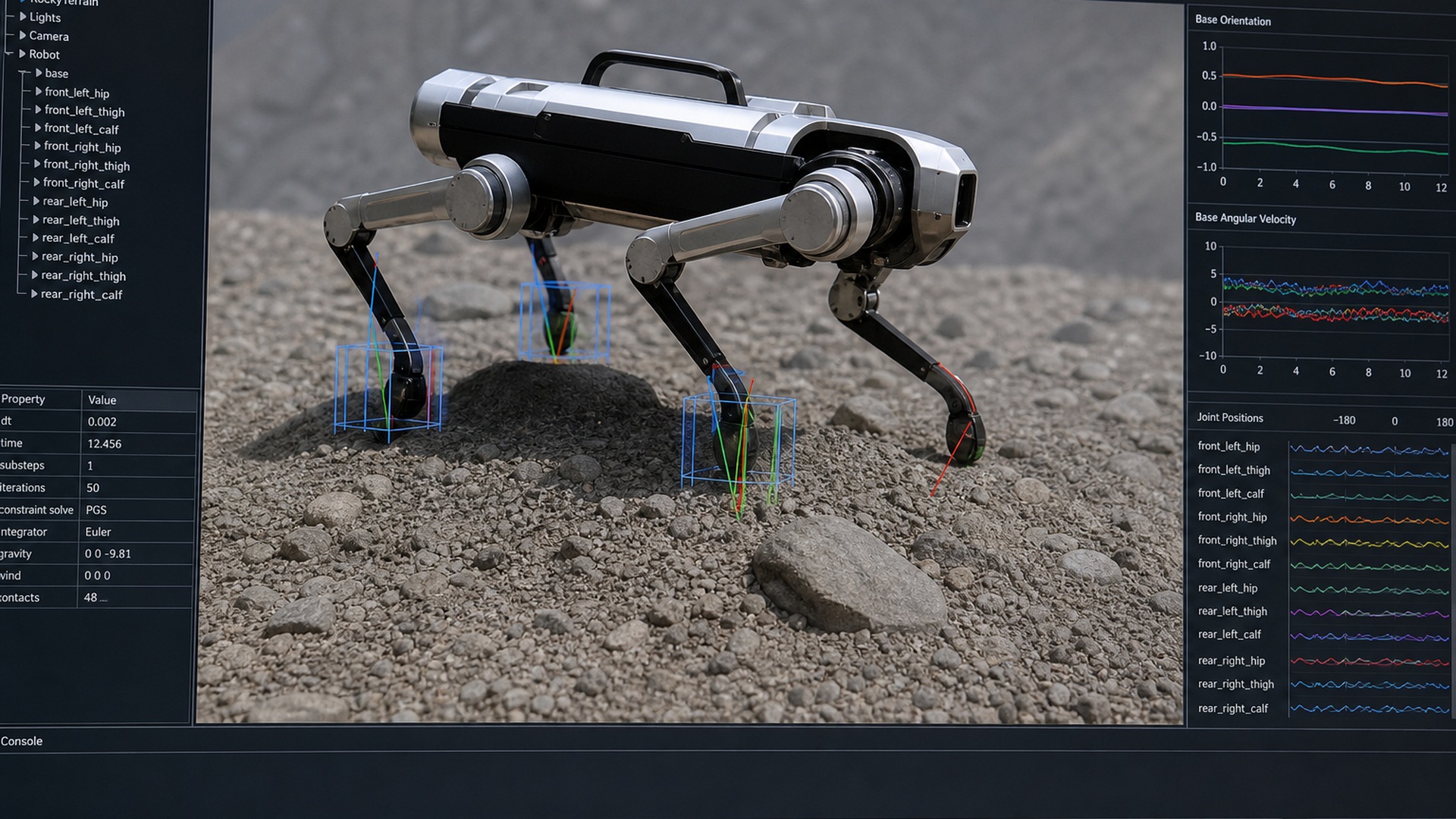 MuJoCo-style physics simulation of quadruped robot on rough terrain