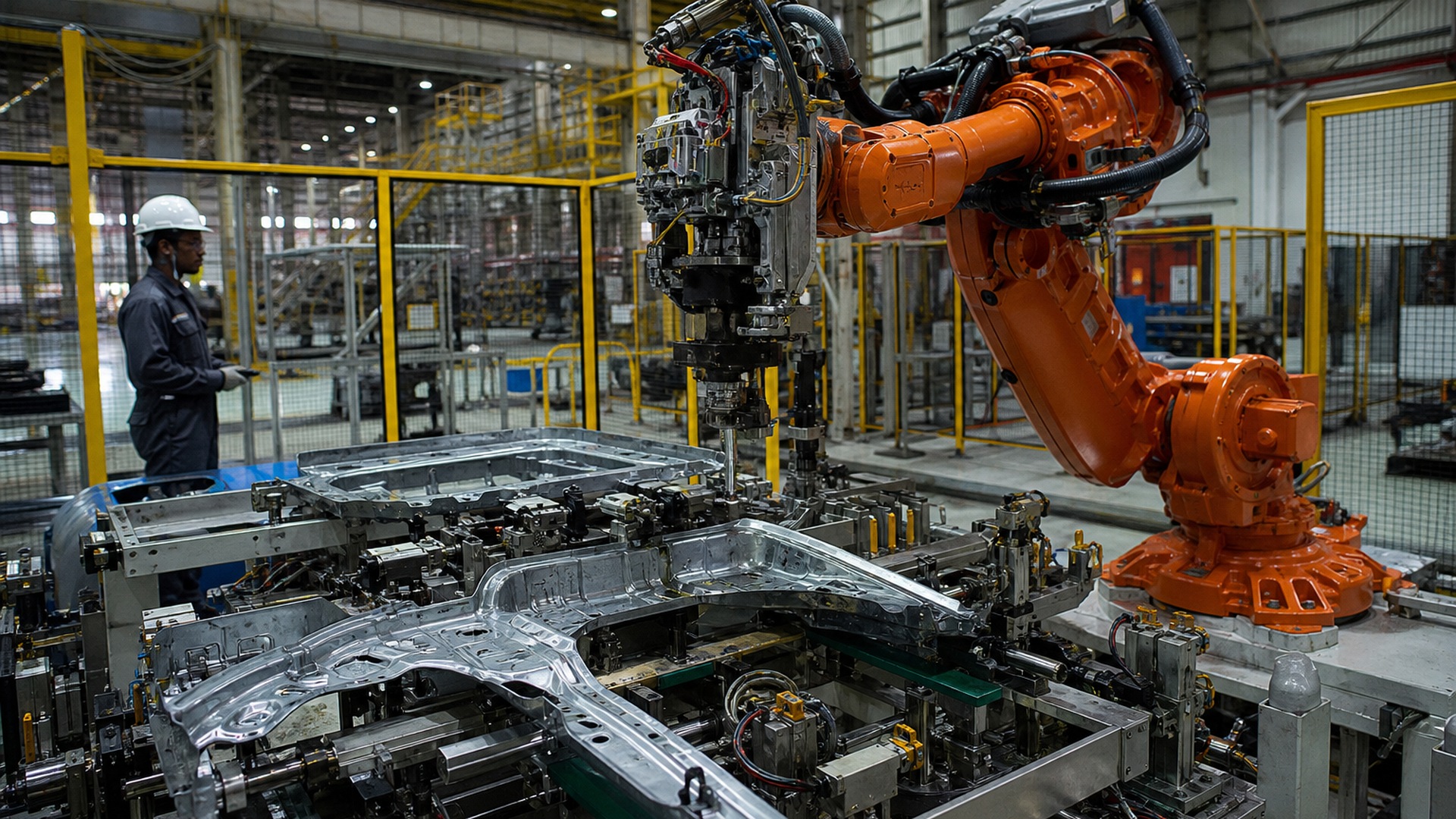 Industrial robotic arm operating on live production line after offline simulation validation