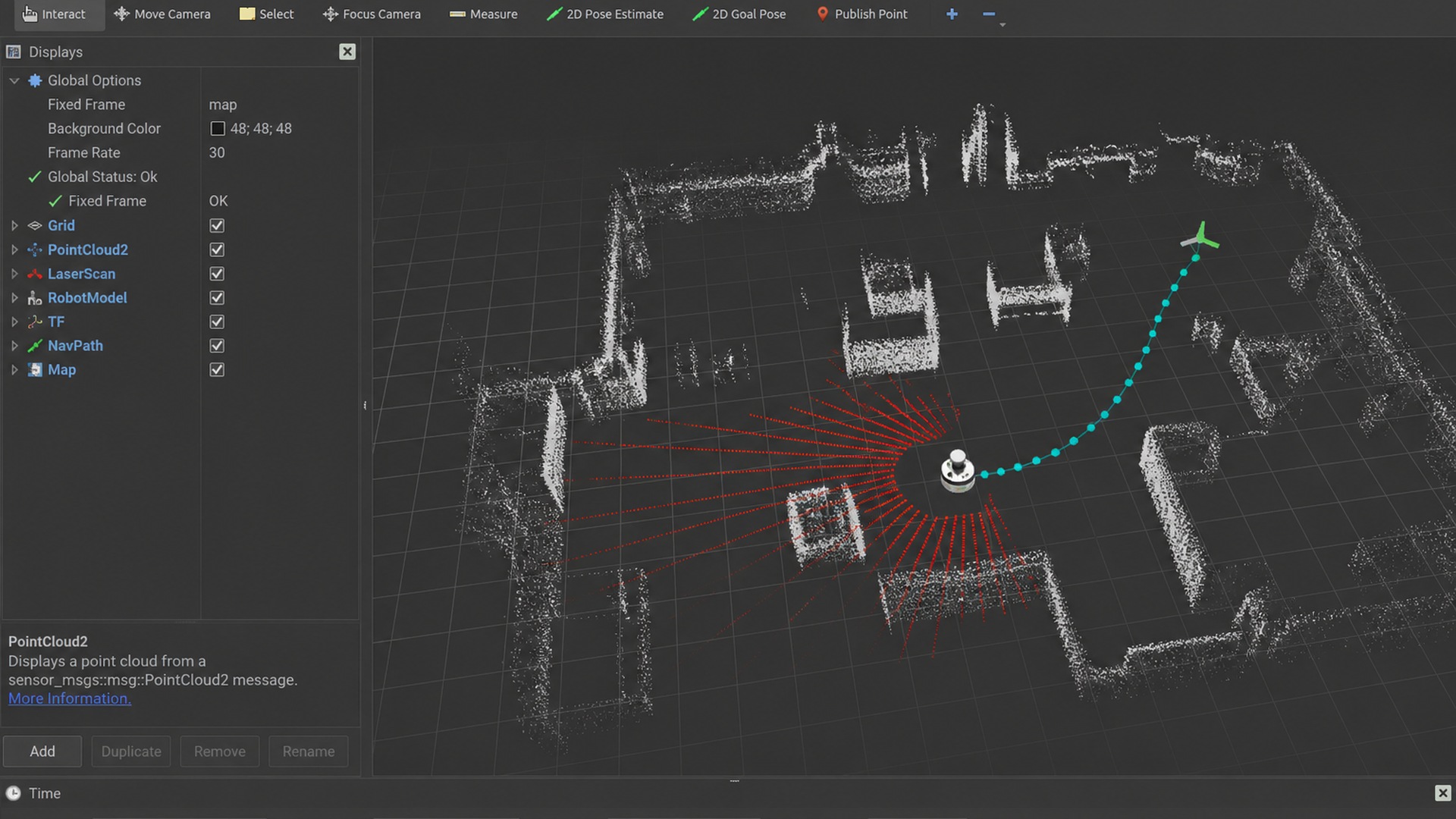 RViz visualization of robot navigation and laser scan