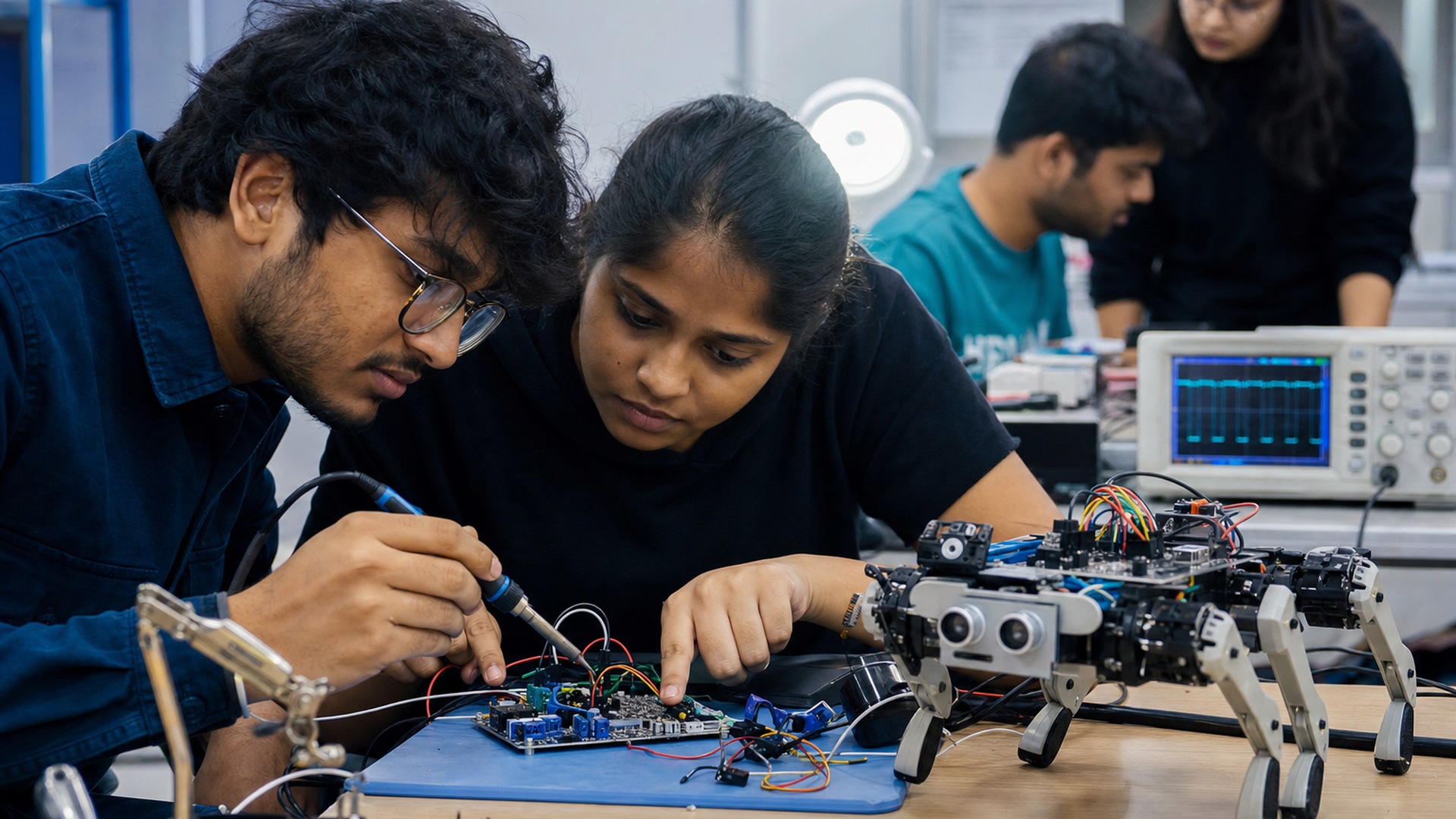 Students assembling embedded hardware in robotics training workshop