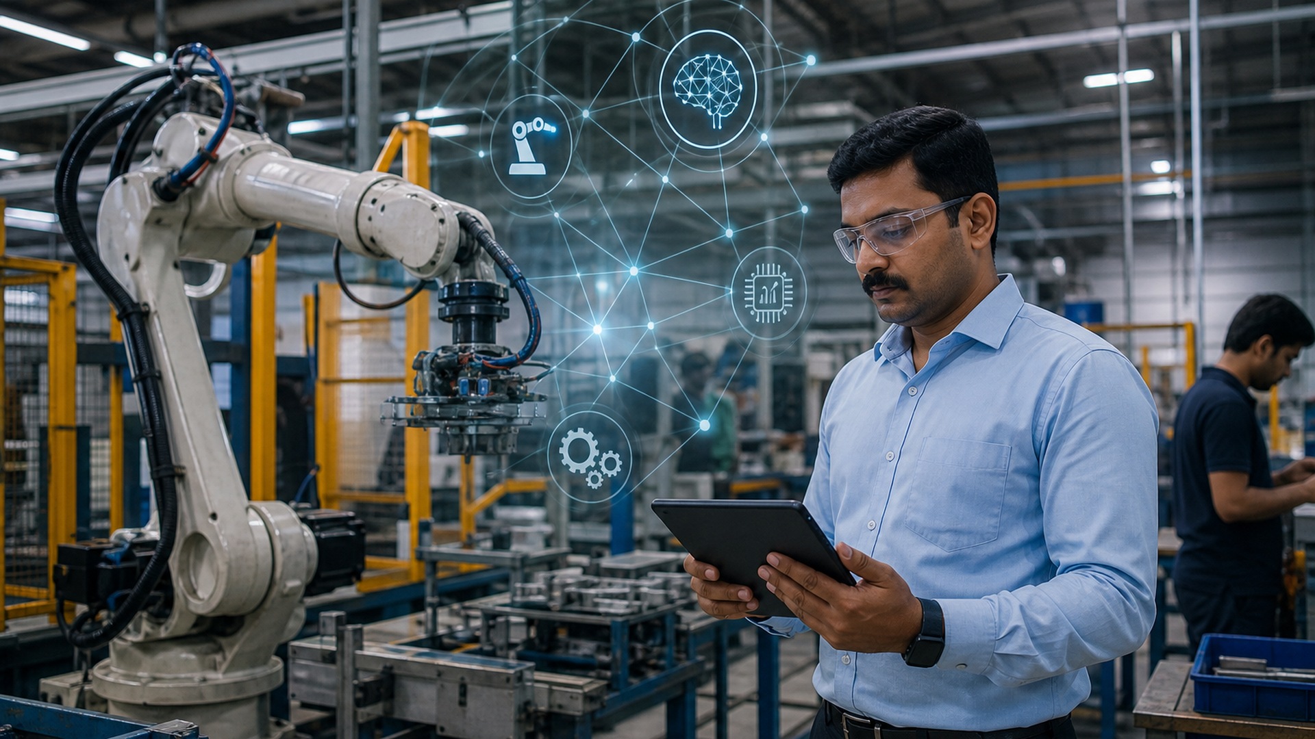 Factory supervisor reviewing production data beside industrial robot cell