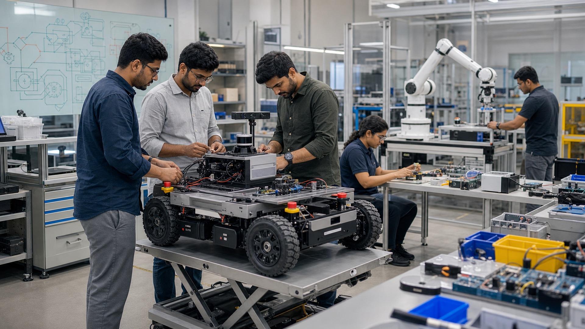 Indian robotics team building mobile robot and robot arm prototypes in a deep-tech lab