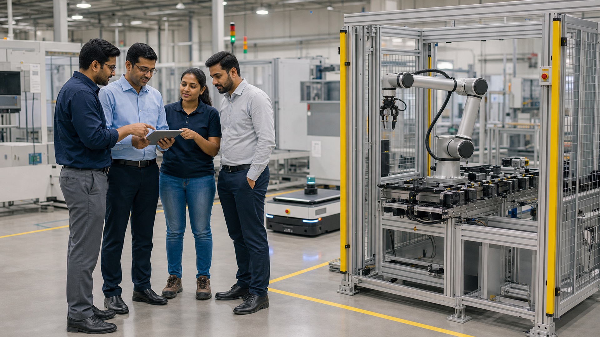 Engineering team commissioning a robot system beside factory operators