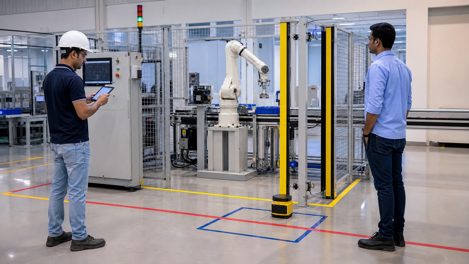 Engineer setting up a safety scanner and robot cell boundary