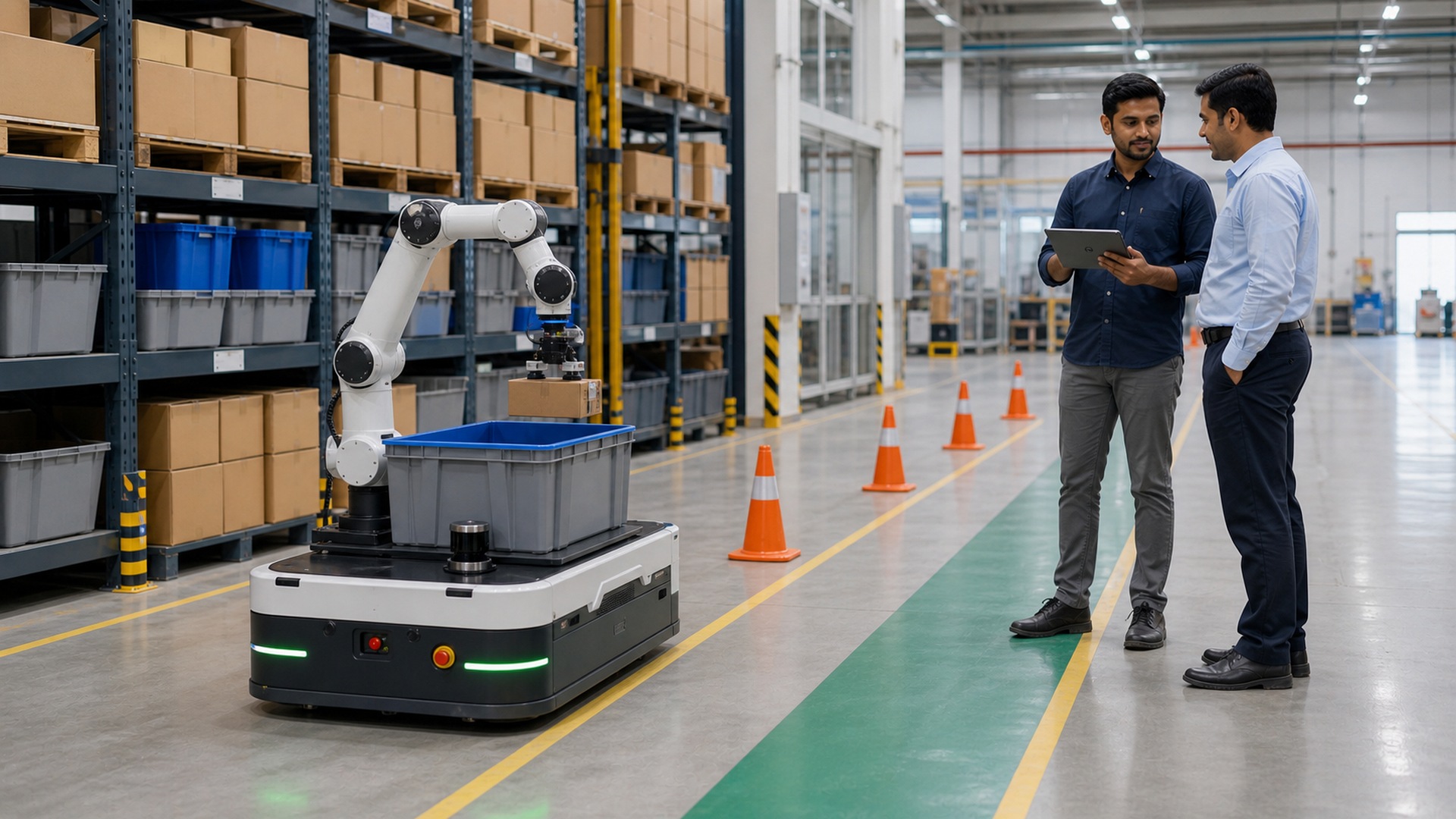 Robotics engineer handing over an outcome-based warehouse automation deployment