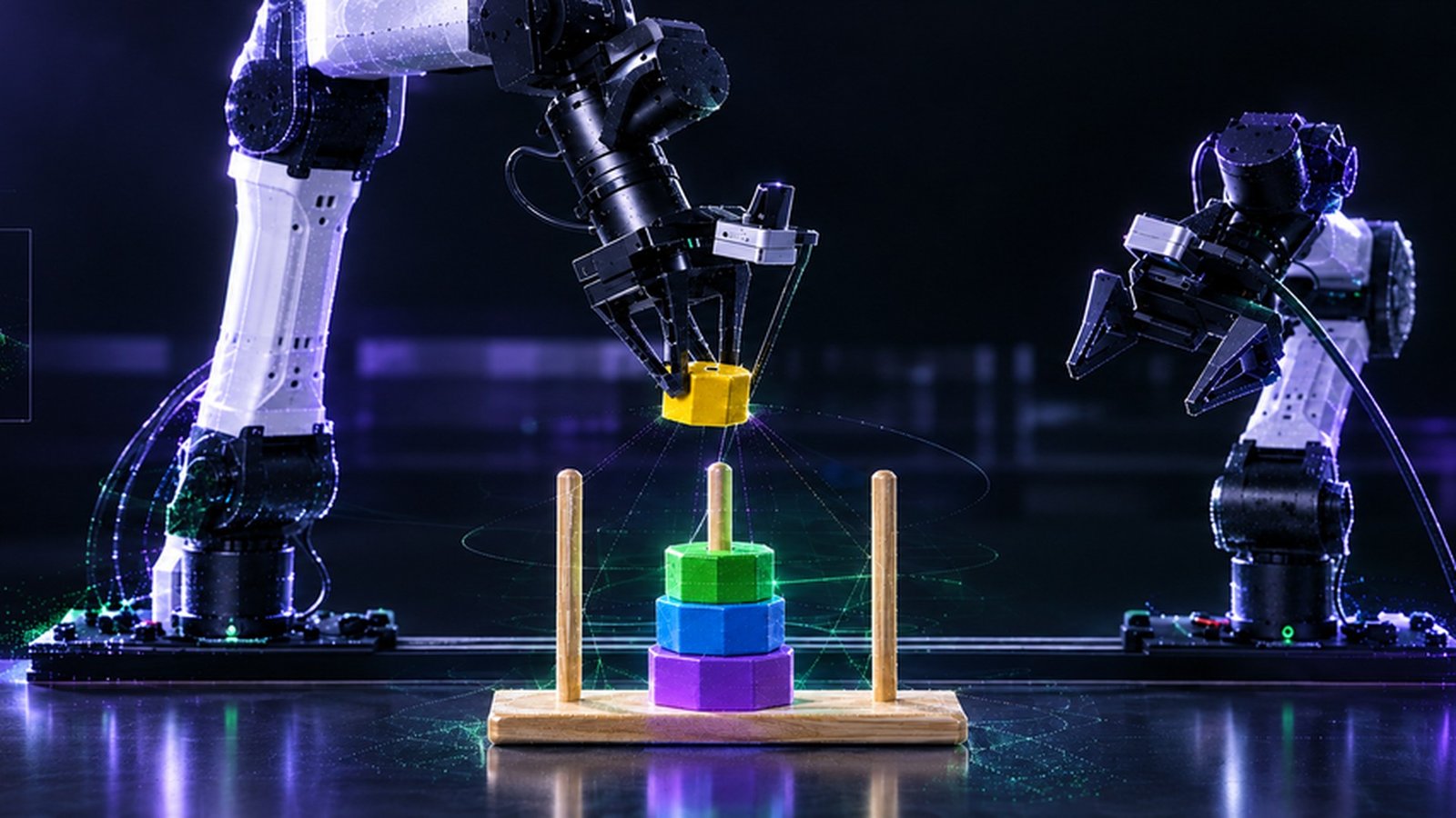 Two robot arms stacking blocks in a test lab